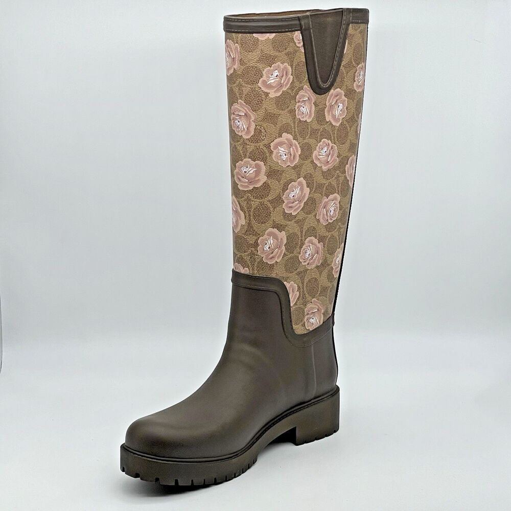 Coach Signature Rubber Rain Boots Tan Women’s 8B Dark Brown Floral Pink Coquette